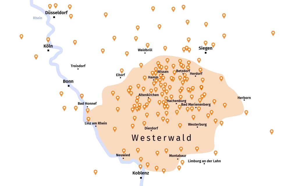 Illustration Westerwald-Karte mit markierten Städten und Standorten von erledigten Photovoltaik- und Solarprojekten