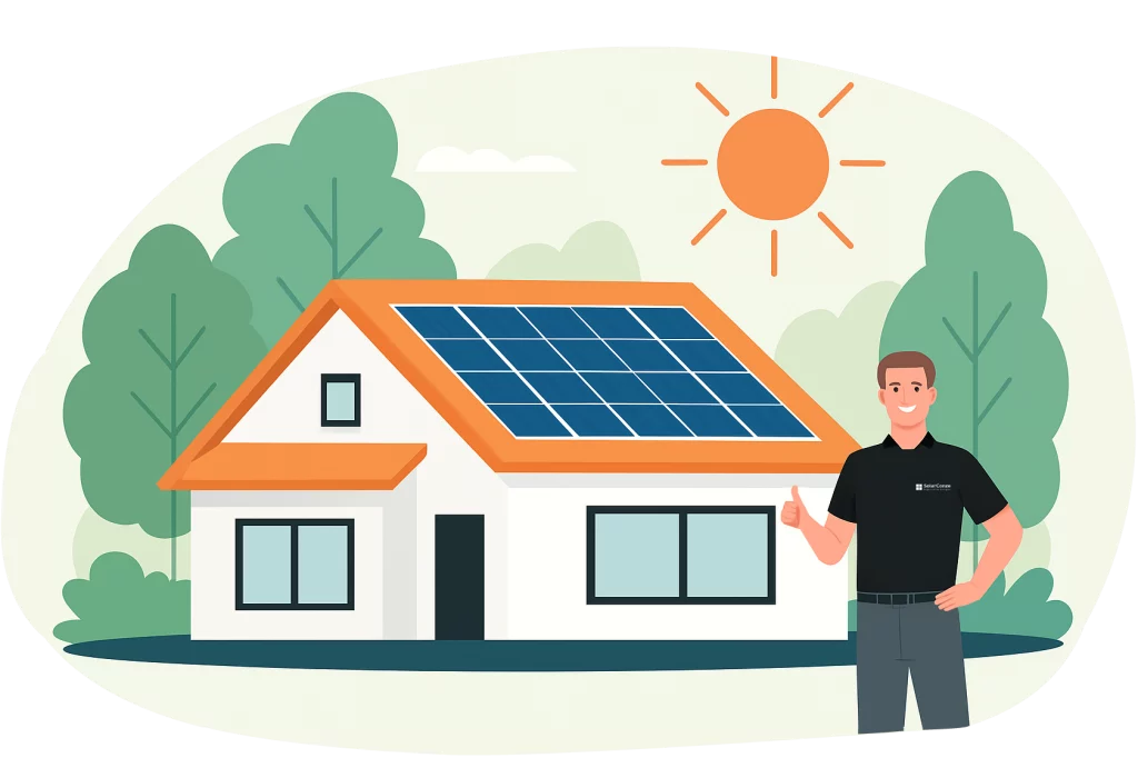 Haus mit Photovoltaikanlage im Sonnenschein – Illustration mit Solar Conze Mitarbeiter