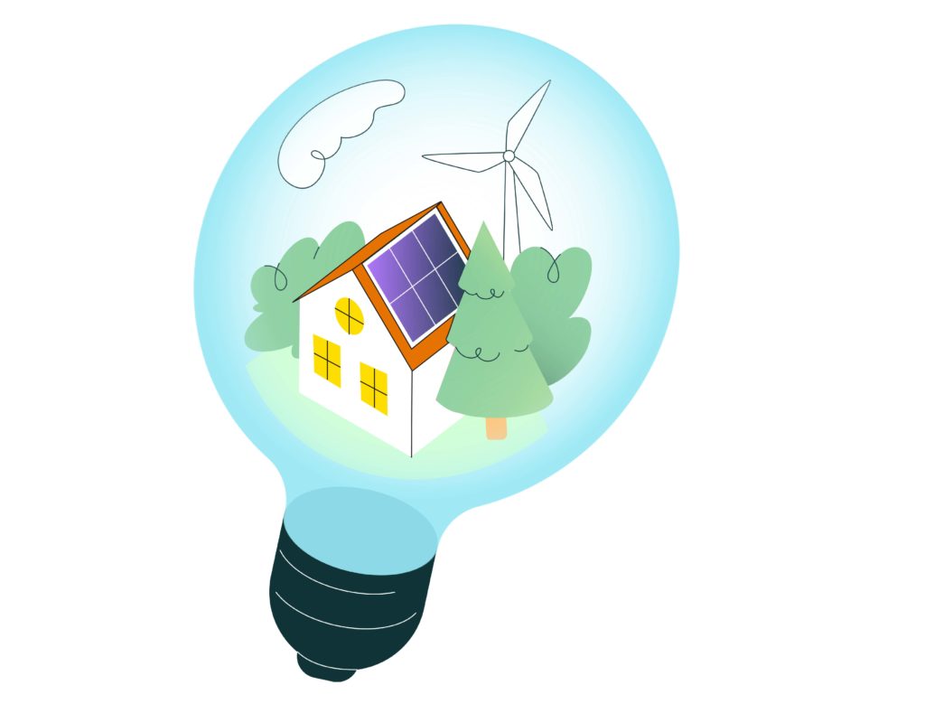Illustration zur CO₂-Ersparnis einer PV-Anlage – Glühbirne mit Haus, Solaranlage und Bäumen als Zeichen für Klimaschutz